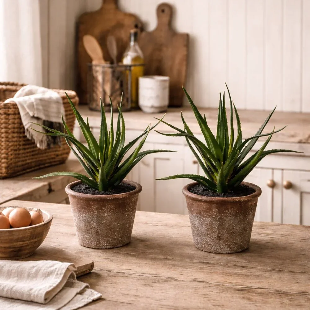 Set of 2 Faux Lifelike Aloe Plant In Rustic Terracotta Pot Planter